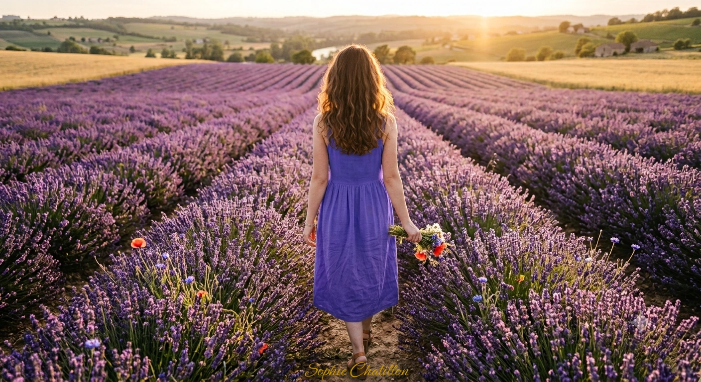Sophie Chatillon, praticienne en hypnose régressive, dans un champ de lavande au coucher du soleil